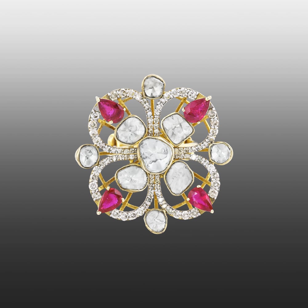 Floral Polki Ring with Pear-Shaped Red Gemstone and Diamond Halo